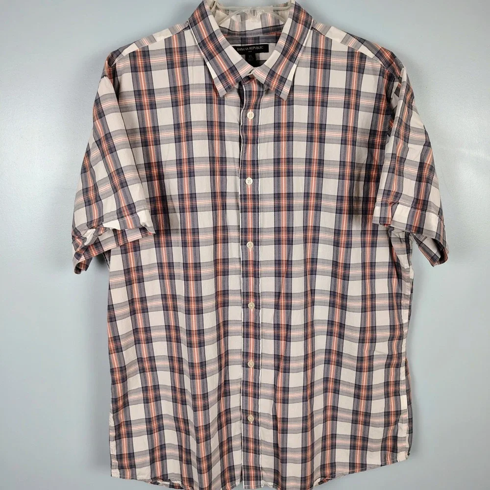 Banana Republic Mens XL Short Sleeve Plaid Shirt Grey Orange Cotton Dadcore